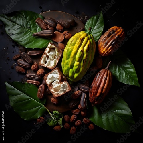 Various of Fresh cocoa fruits with half sliced and green leaf isolated on dark background.