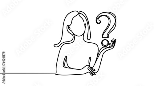 Continuous one line drawing woman and question mark. Frequently Asked Questions Concept. Single line draw design vector graphic illustration.