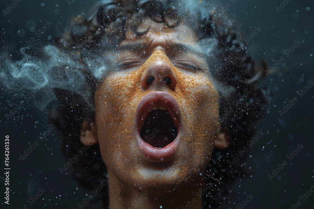 Dramatic digital artwork showcasing a male figure whose head dissolves into a cloud of particles, abandoning physical form