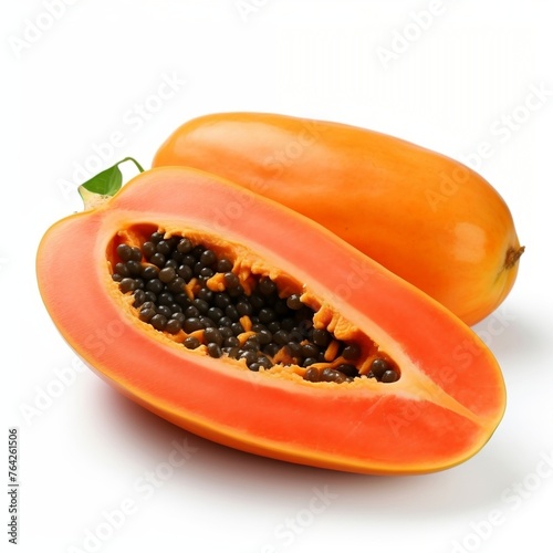 Ripe papaya with cut in half isolated on white background.