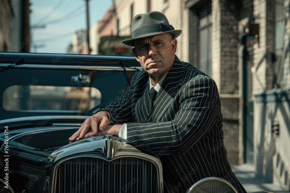 Mob Collection Guy A tough guy in pinstripe attire, leaning confidently on a classic car ...