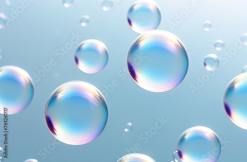 Macro close up of soap bubbles. Transparent drops liquid bubbles molecules. Colorful Abstract Background.