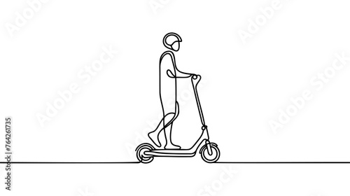 Scooter in continuous line art drawing style. Stand-up scooter for short distance transportation minimalist black linear sketch isolated on white background. Vector illustration