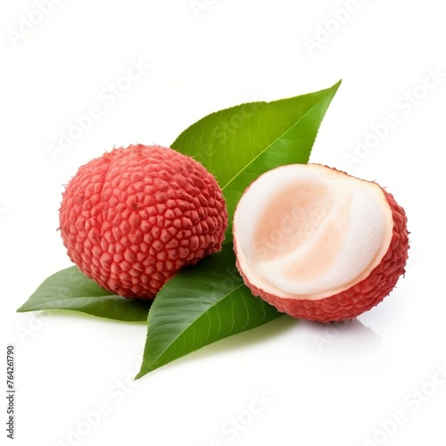 Juicy Lychee cut in half and leaves isolated on a white background.