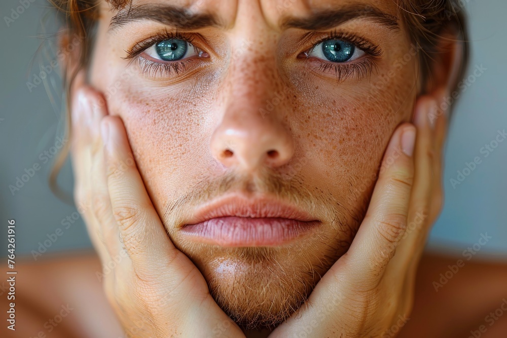 A close-up of a man with his hands on his face, depicted in a moment of worry or deep thought - obrazy, fototapety, plakaty 