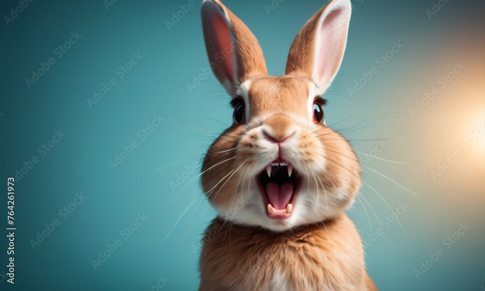 Fototapeta premium Happy Easter. Bunny rabbit hare on color studio background. Surprised funny emotion, Expressive young rabbit standing in front, making a face. Baby greeting card. Blue pastel color background.