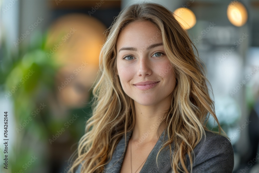 A pleasant image of a smiling young woman with blonde hair, projected confidence and approachability in a business setting