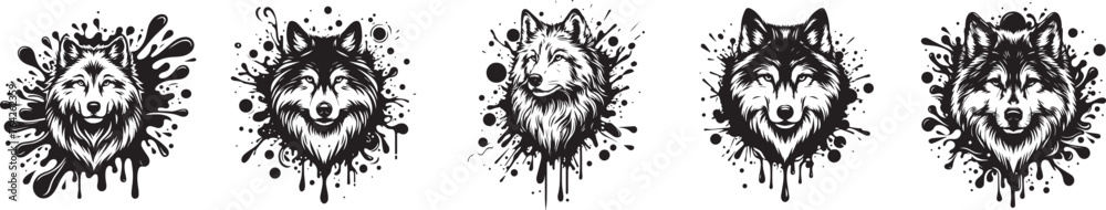 Fototapeta premium five wolf portraits in paint splash vector set