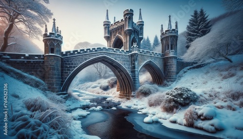 Medieval Stone Bridge Over River in Snowy Winter Landscape