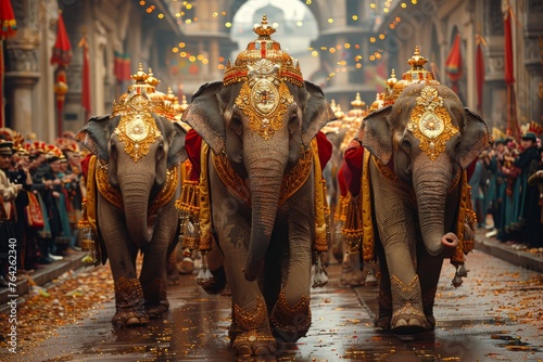 Majestic elephants adorned with regal finery proceeding through a crowded street festival with onlookers photo