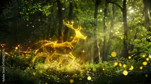 Magical Golden Deer Spreading Enchantment in Vibrant Green Forest