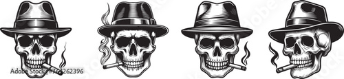 four skull in hat vector set black and white graphics