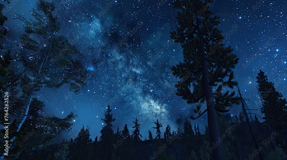 a blue dark night sky adorned with countless stars, stretching over a vast field of trees in Park, with the Milky Way galaxy painting the celestial canvas in the background. a blue dark night sky adorned with countless stars, stretching over a vast field of trees in Park, with the Milky Way galaxy painting the celestial canvas in the background.
