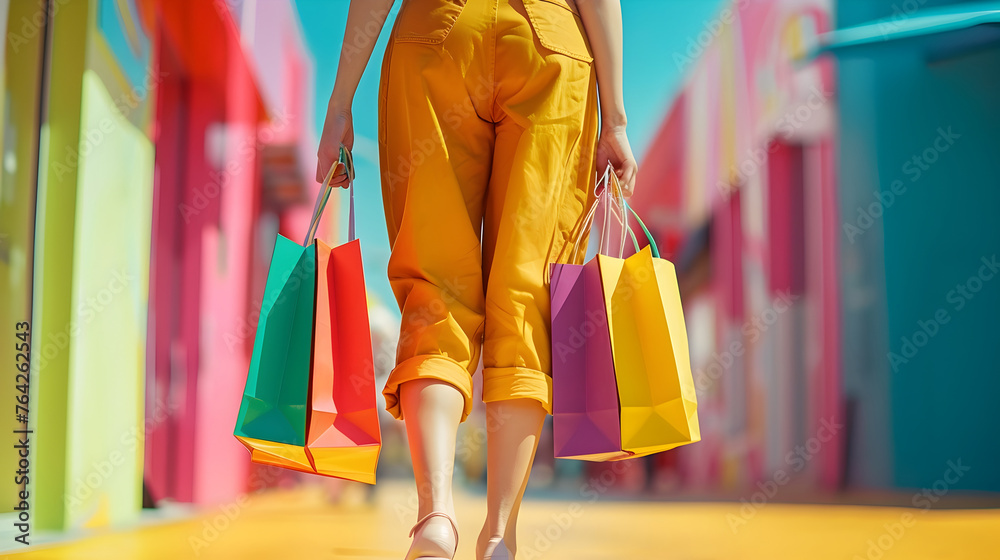 Joyful Woman Exuding Contentment through Vibrant Shopping Bag Purchase on a Bright Sunny Day Joyful Woman Exuding Contentment through Vibrant Shopping Bag Purchase on a Bright Sunny Day