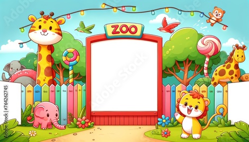 A colorful illustration of a zoo entrance with various animals