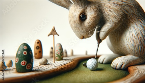 A rabbit playing golf on a miniature golf course photo