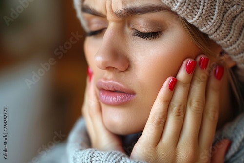 Close-up of a woman with her hand on her cheek, possibly experiencing dental pain or a headache, conveying a sense of discomfort photo