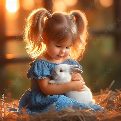 A little girl holding a bunny in her hands photo