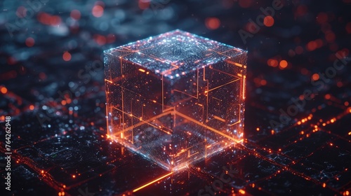 A futuristic cube with orange connections visualizing digital networks