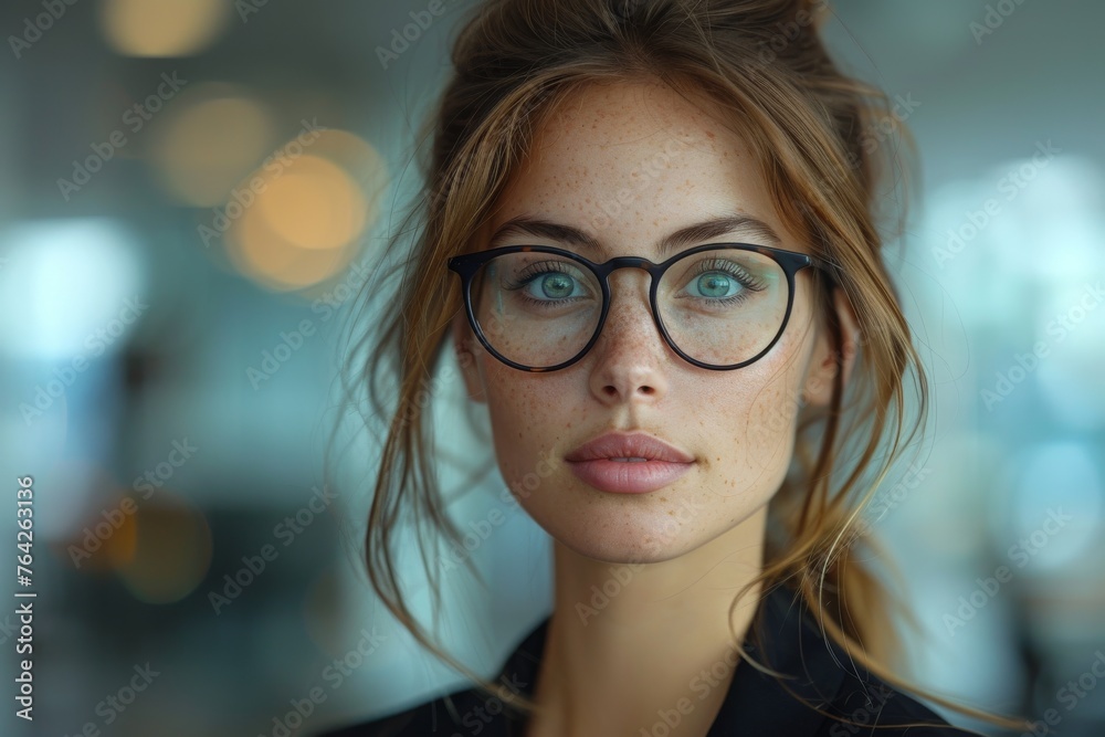 Close-up of a young woman with freckles and glasses looking into the camera with a subtle expression Close-up of a young woman with freckles and glasses looking into the camera with a subtle expression
