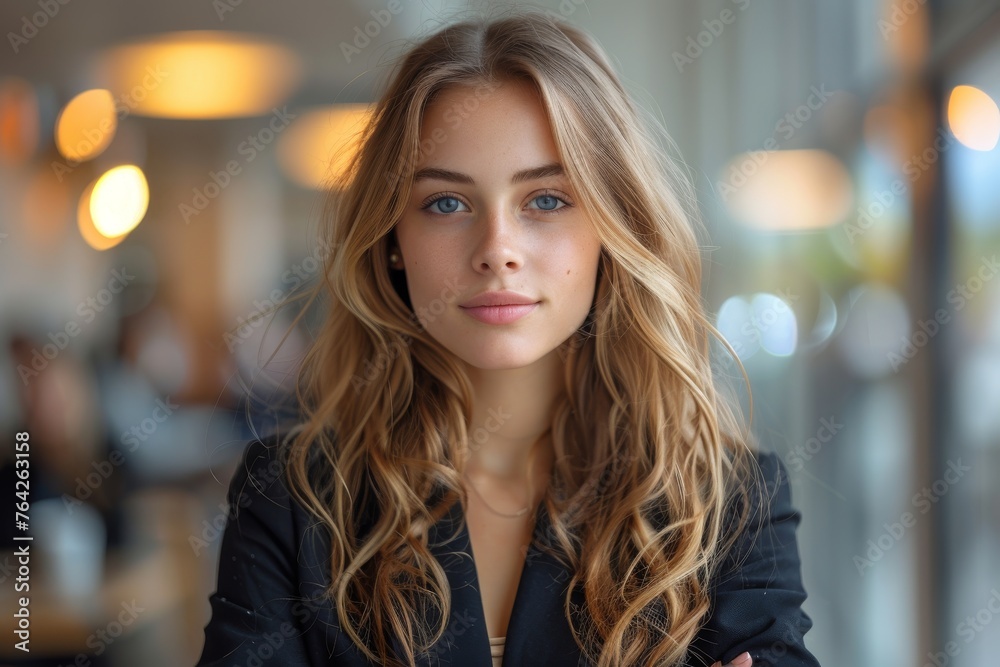 Obraz premium A professional young woman smiling subtly in an office-like setting with ambient lights