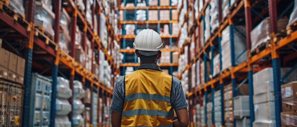 Male warehouse worker working in logistic commercial storage interior retail goods boxes supply. Man storehouse employee manager at work, distribution, industrial sorting and delivery.