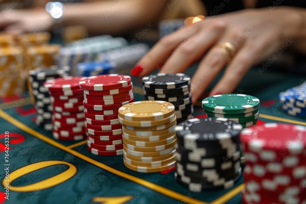 Closeup of hands choosing the right poker chips for the next move in a suspenseful game at the casino Closeup of hands choosing the right poker chips for the next move in a suspenseful game at the casino