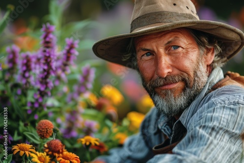 An older man with a full beard poses by colorful garden flowers, bringing a sense of joy and pride