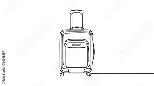 Travel suitcase in continuous line drawing style. Luggage valise with wheels and retractable handle black line sketch on white background. Vector illustration.