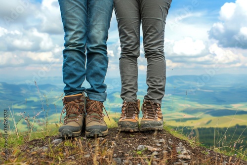Standing at the precipice, two hikers gaze out over a stunning expanse of undulating terrain, their journey immortalized by their boots at the edge of the wild