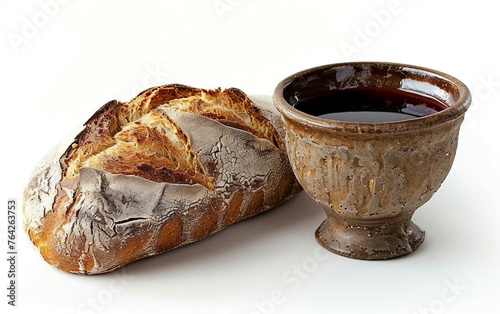 Symbols of Communion Bread and Wine Isolated on White Background.