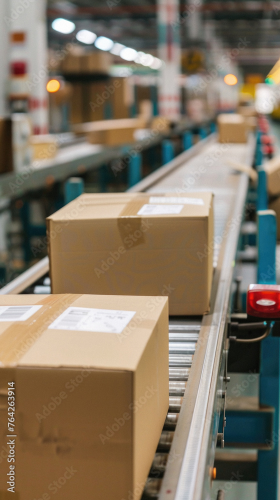 Cardboard box parcel on conveyor belt. Carton packages retail orders delivery, supply and distribution, cargo freight warehouse, factory and manufacturing business industry concept background. Cardboard box parcel on conveyor belt. Carton packages retail orders delivery, supply and distribution, cargo freight warehouse, factory and manufacturing business industry concept background.