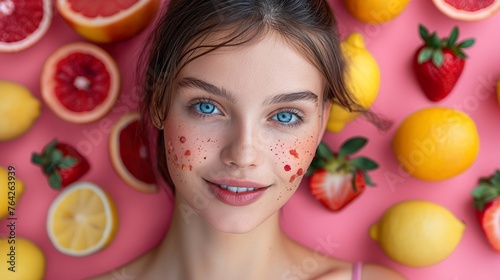 commercial healthy food portrait featuring a joyful woman surrounded by a vivid display of citrus fruits on a pink background, embodying vitality and wellness photo