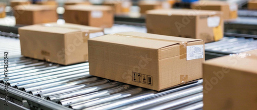 Cardboard box parcel on conveyor belt. Carton packages retail orders delivery, supply and distribution, cargo freight warehouse, factory and manufacturing business industry concept background. © Synthetica