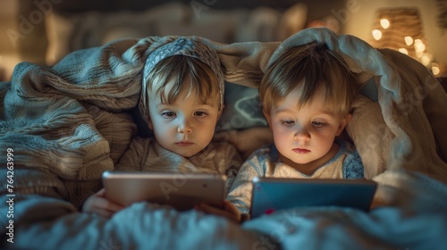 Two Young Children Using Tablet in Bed