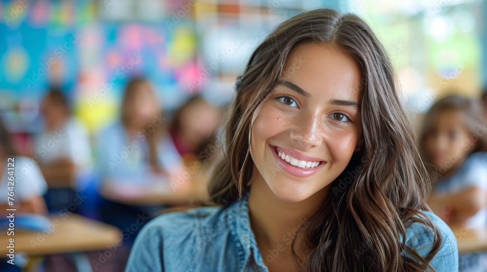 Girl Smiling Among Students in Classroom Girl Smiling Among Students in Classroom