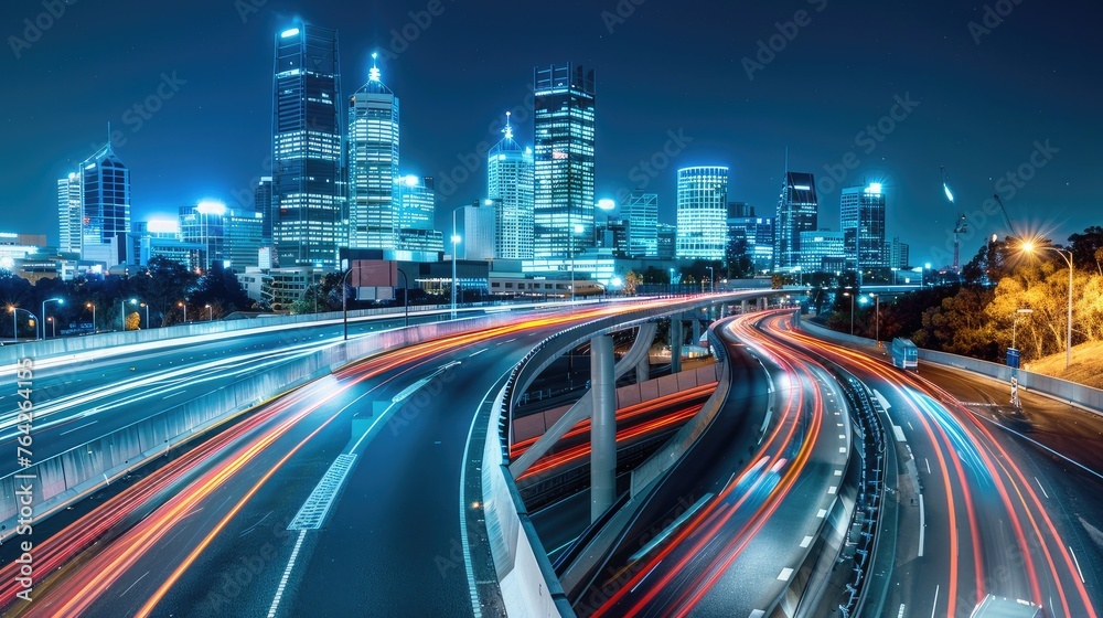 Fototapeta premium City at night, with its iconic skyline illuminated against a deep blue sky, featuring a bustling highway overpass adorned with motion-blurred cars traversing the scene.