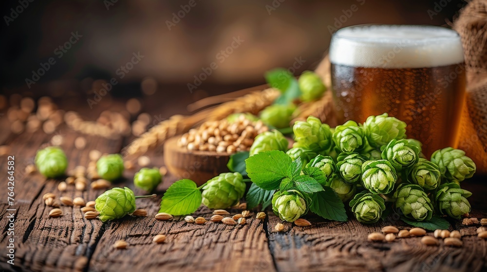 Bag of Green Hops With Glass of Beer - obrazy, fototapety, plakaty 
