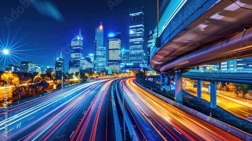 City at night  with its iconic skyline illuminated against a deep blue sky  featuring a bustling highway overpass adorned with motion-blurred cars traversing the scene.