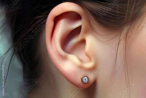 Close up of a woman's ear with a small diamond earring