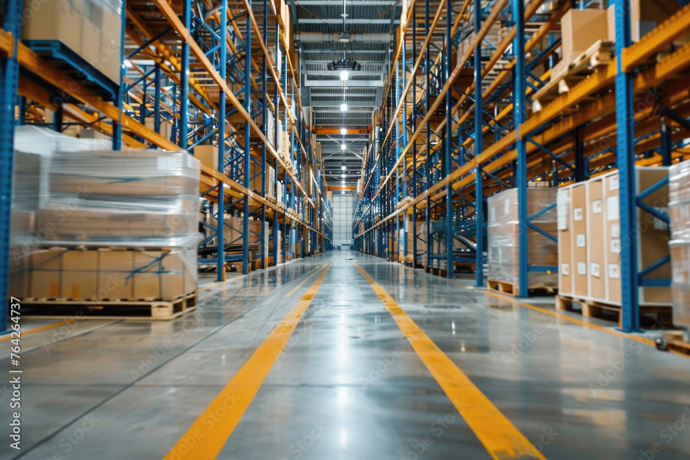 Warehouse with cardboard boxes on shelves background. Logistic commercial storage interior retail goods supply. Storehouse for packages distribution, industrial merchandise, sorting and delivery. Warehouse with cardboard boxes on shelves background. Logistic commercial storage interior retail goods supply. Storehouse for packages distribution, industrial merchandise, sorting and delivery.