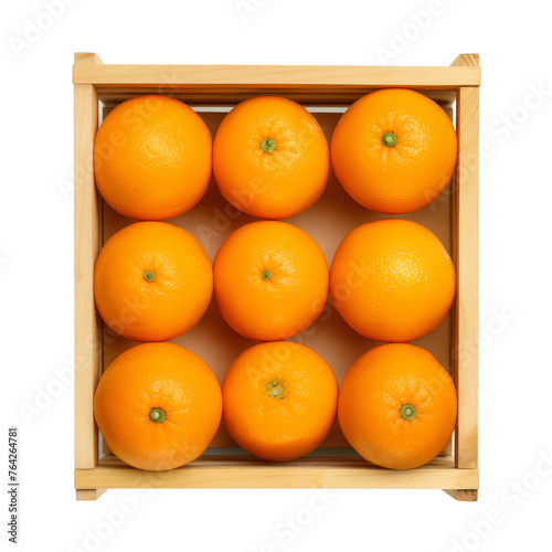 Top view of fresh oranges in wooden crate isolated on transparent or white background, png