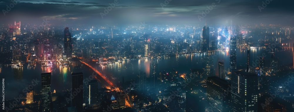 smart grid and connectivity technology against the backdrop of city illuminated skyline at night, offering a panoramic view of urban innovation.