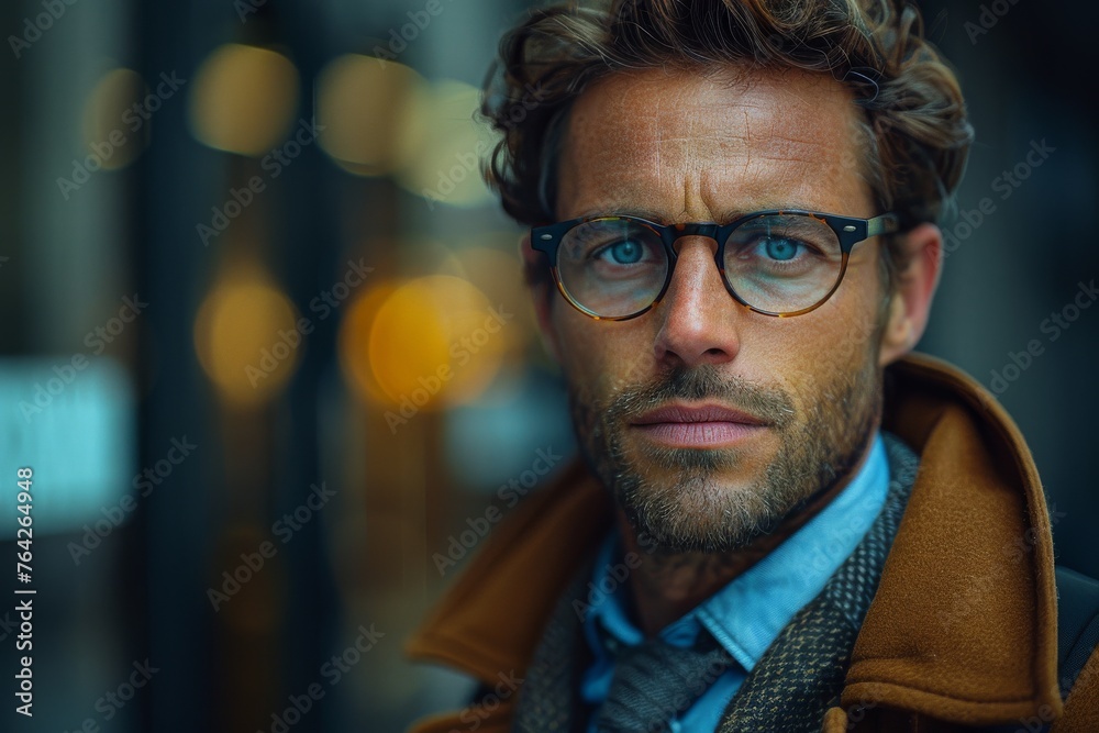 A sophisticated man with stylish glasses and intense gaze stands against a blurred city background