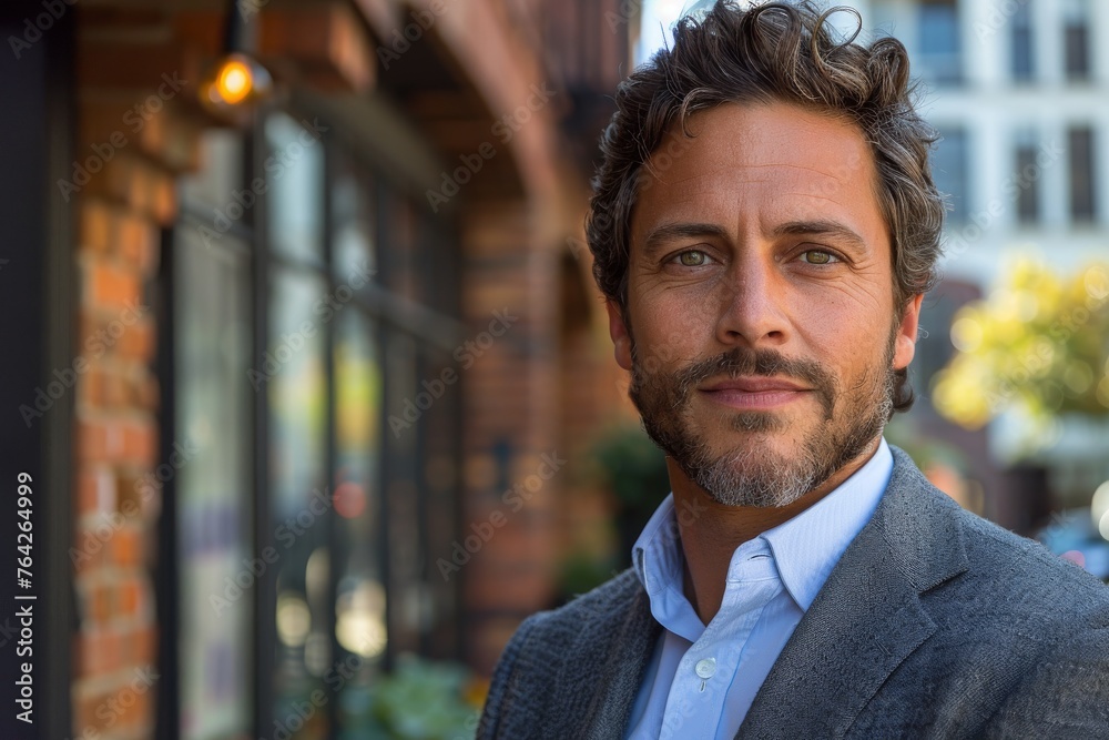 Charismatic and stylish middle-aged man in a blazer posing outdoors with architectural elements Charismatic and stylish middle-aged man in a blazer posing outdoors with architectural elements