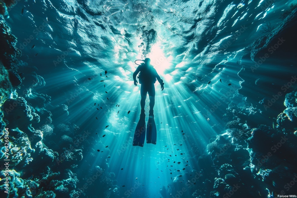 A diver is silhouetted against the beaming sunlight while exploring the underwater world, showcasing the contrast of light and dark