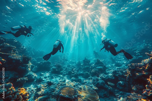 Three divers in wetsuits hover over a coral reef teeming with marine life, bathed in rays of sunlight © svastix