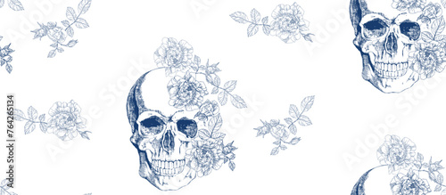 Vintage blue skull with roses flowers  seamless pattern	