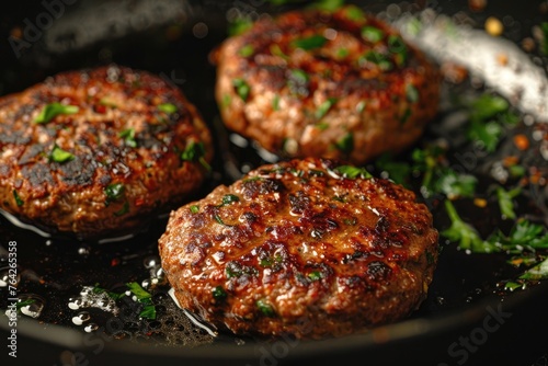 Organic beef hamburger patties with spices in a frying pan. Top view. photo