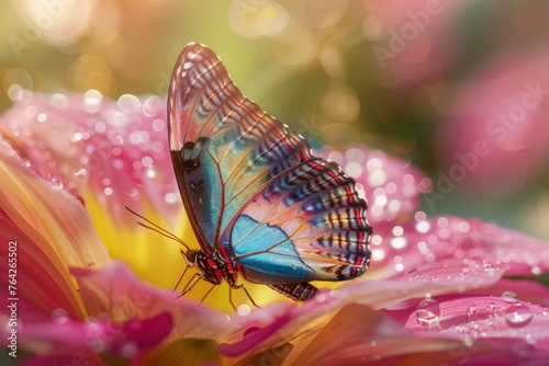 A closeup of a blue butterfly perched on top of a pink flowers vibrant petals